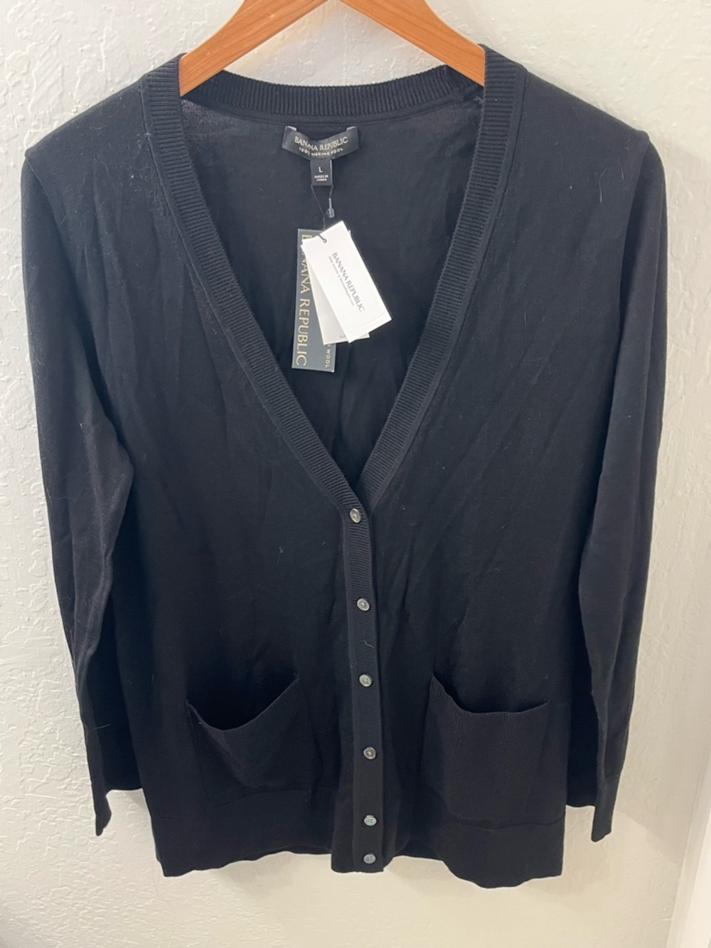 Banana Republic 100% Merino Wool Black V-Neck Button-Front Long Cardigan